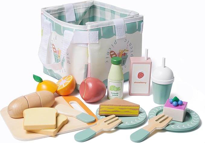21pcs Wooden Play Food Set for Kids Kitchen, Cutting Pretend Play Toy Picnic Playset with Food, Fruit, Juice and Bag, Toddler Toy Food Play Kitchen Accessories Boys & Girls Birthday Gift