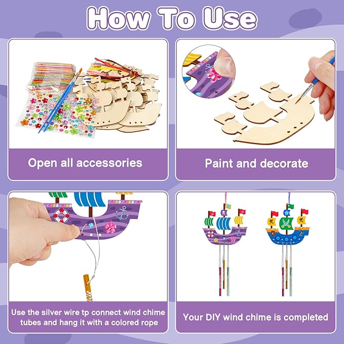 Fennoral 10 Pack Wind Chime Kit for Kids Make Your Own Pirates Ship Wind Chime Wooden Arts and Crafts for Girls Boys Ornaments DIY Coloring Ship for Art Activity Birthday Spring Party Decoration