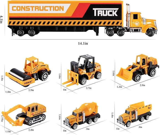 TEMI Diecast Engineering Construction Vehicle Toy Set w/Play Mat,Truck Carrier, Forklift, Bulldozer, Excavator,Dump Truck, Alloy Metal Car Toys Set for 3 4 5 6 Years Old Toddlers Kids Boys & Girls
