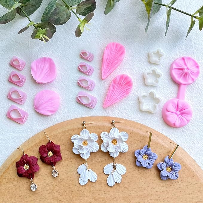 Keoker Flower Petal Clay Cutters - Polymer Clay Cutters for Earrings Making, 4 Shapes with Polymer Clay Petal Press Mold, Clay Cutters for Polymer Clay Jewelry (A)