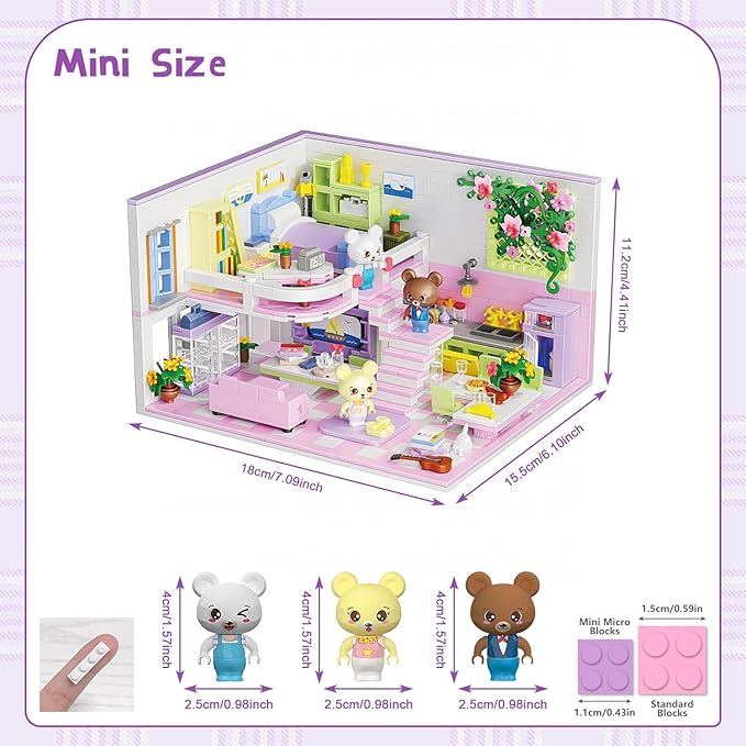 Mini Friends Duplex Apartment Building Sets for Adults, Bears Pink Dream House Kitchen Home Cottage Girly Collectible Display Modular Bricks Kits for Teens 14 14+ (1110 PCS)