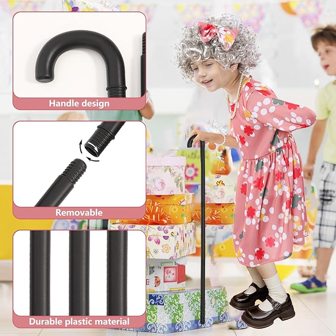 Old Lady Costume for Kids Girls, 9Pcs 100th Days of School Grandma Outfits with Wig Cane, Granny Cosplay Dress Up