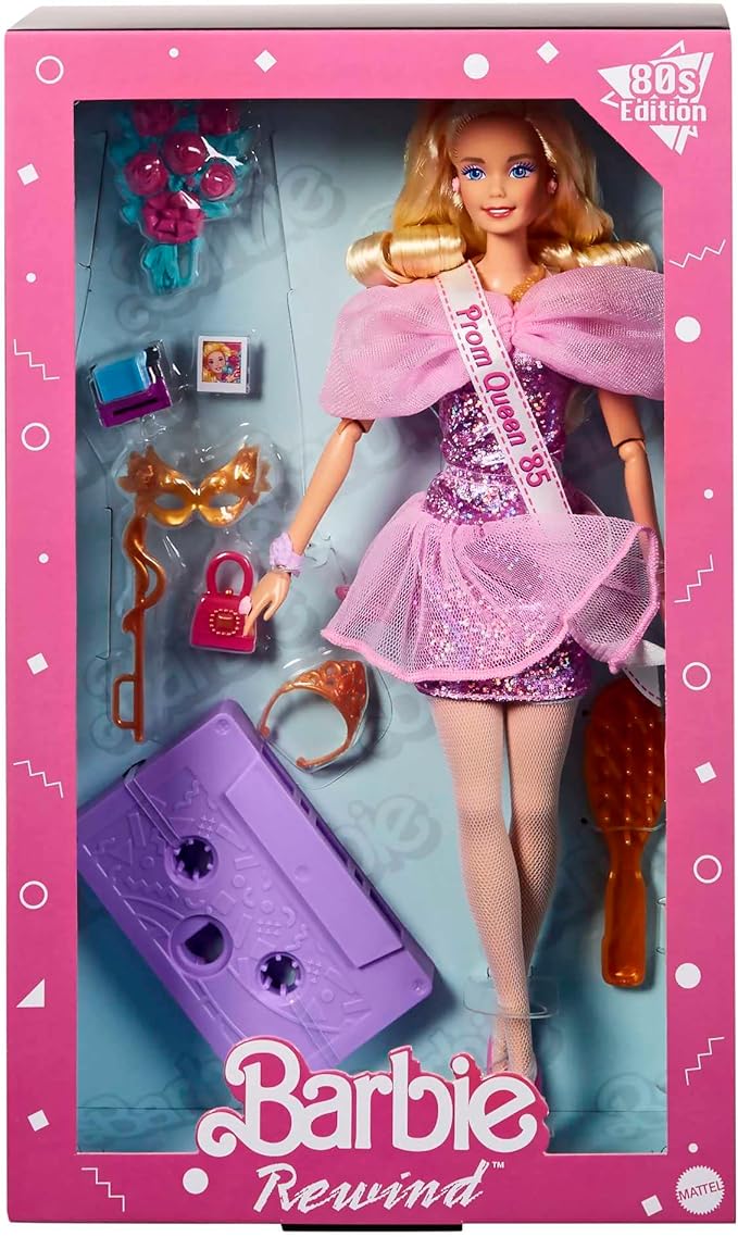 Barbie Rewind Doll & Accessories with Curly Blonde Hair & 1980s-inspired Prom Queen Outfit, Collectible & Displayable
