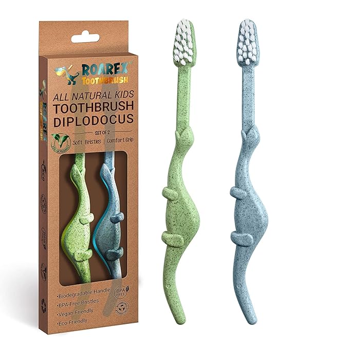 ROARex Vegan Kids Toothbrush | Dino Design | Biodegradable & Compostable Natural Plant-Based Toothbrush | Dinosaur Theme | 1% for The Planet
