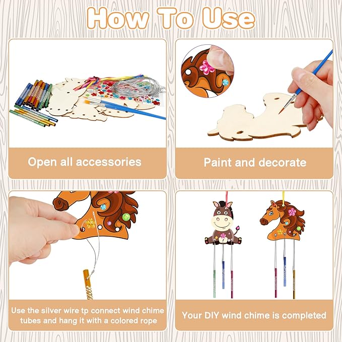 Fennoral 8 Pack Wind Chime Kit for Kids Make Your Own Horse Head Wind Chime Wooden Arts and Crafts for Girls Boys Ornaments DIY Coloring Horse Craft for Art Activity Birthday Party Supplies