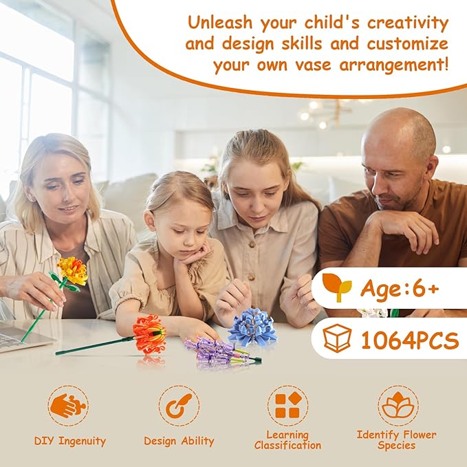 Flowers Bouquet Building Set (1064PCS), 12 Kinds Artificial Flowers Bouquet Set for Adults, Kids, Boys, Girls, Idea Gifts for Mother's Day, Birthdays, Creative Toys Kits Decor for Home Room