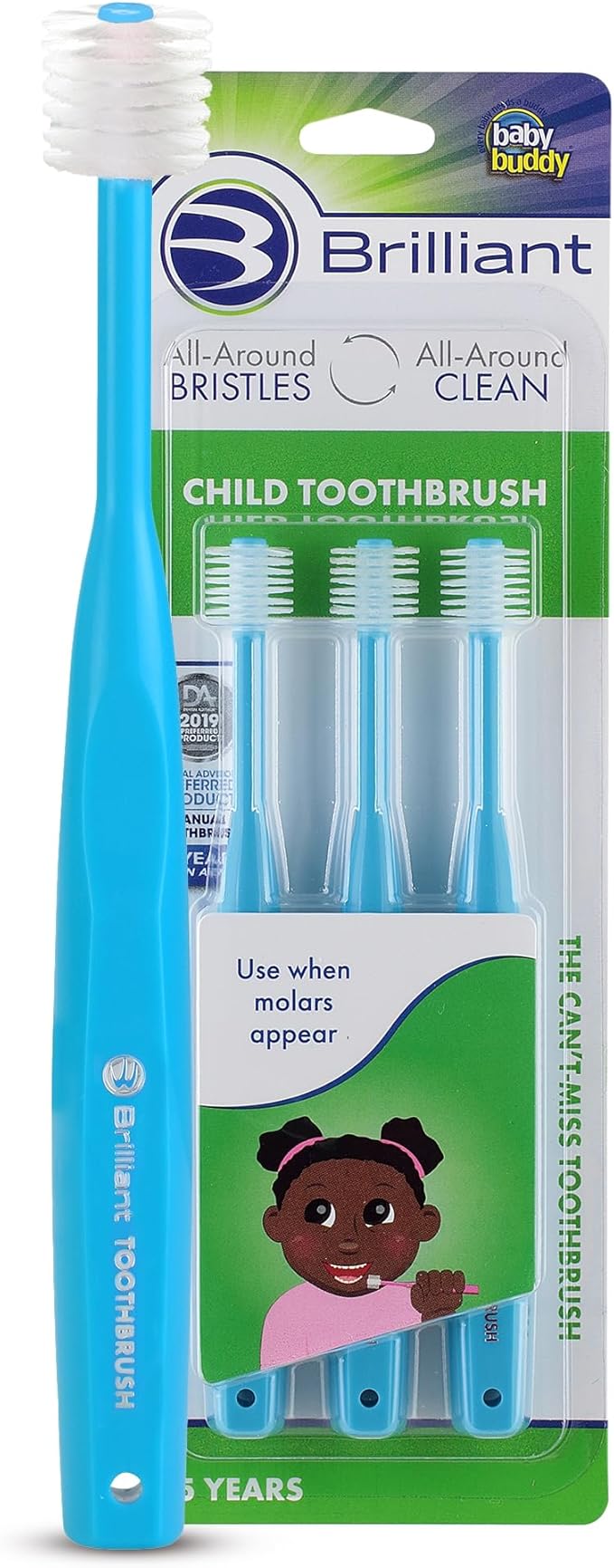 Brilliant Oral Care Child Toothbrush with Soft Bristles and Round Head, for a Kid Approved, Easy to Use All-Around Clean Mouth, Ages 2-5 Years, Sky Blue, 3 Pack