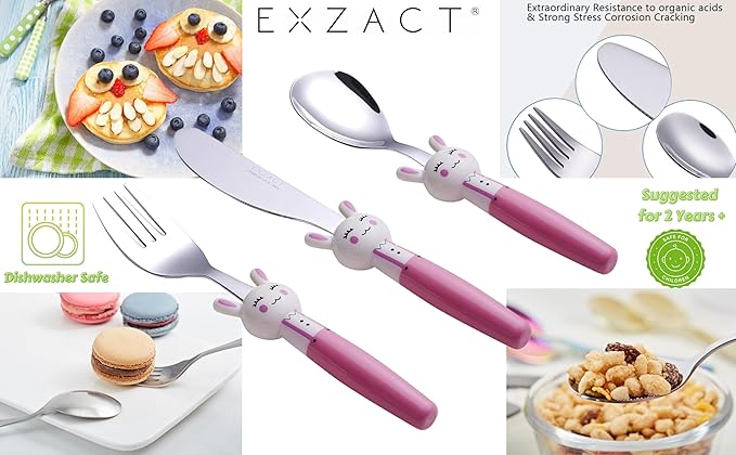Exzact Children Flatware Pink Rabbit 6pcs Stainless Steel, Kids Silverware Toddler Utensils - BPA Free, Dishwasher Safe, 24M+