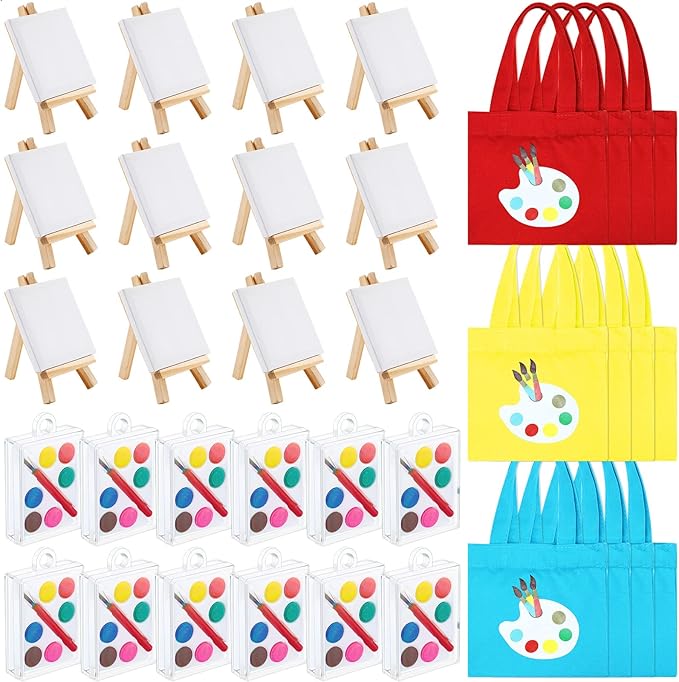 Zhengmy 12 Sets Watercolor Paint Art Party Favors Mini Paint Sets Canvas Tote Bags Goodie Bags 3'' x 3'' Painting Canvas Panel with Wooden Easel Set for Valentine Sip and Paint Party