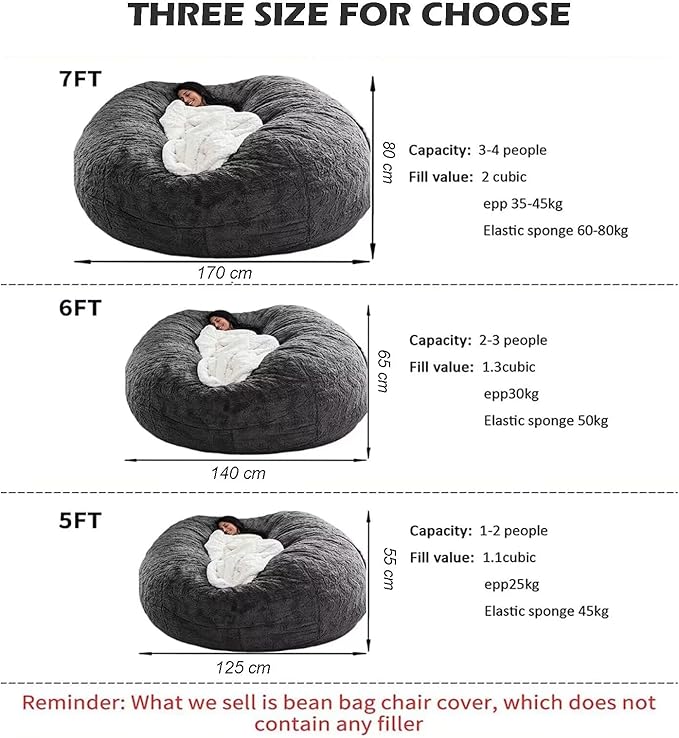 BCU 6FT Bean Bag Chair for Adults and Kids Without Filler Giant Stuffed Animal Storage Cover Soft Faux Fur Floor Chair Cover for Bedroom Living Room, Silver Blue