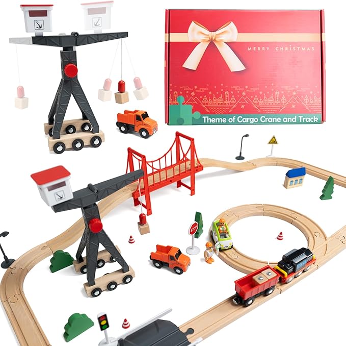WOOD CITY Wooden Train Set for Toddler, 56 Pcs Deluxe Kids Car Toy for 2 3 4 Year Old Boy, Cargo-Themed Train Track with Tower Crane & Suspension Bridge - Fits Thomas Brio Chuggington Melissa Orbrium