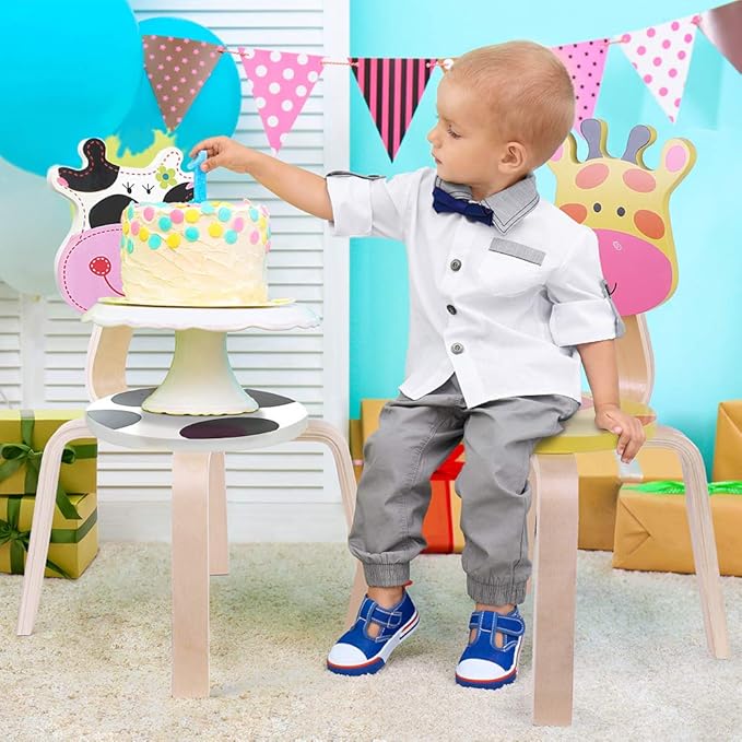 iPlay, iLearn 2 PCS Wooden Kids Chair Sets, Natural Hardwood Giraffe & Cow Animal Children Chairs, Furniture Set for Toddlers Kids Boys Girls, Stackable for Playroom, Nursery, Preschool, Kindergarten