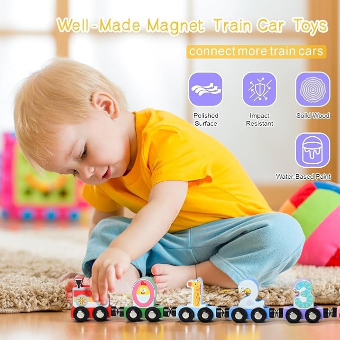 Toys for Toddlers, 12pc Wooden Magnetic Train Track Set with Animal and Digital Designs, Montessori Educational Toy for 2 3 4 5 Year Olds Boys and Girls Christmas Birthday Gift
