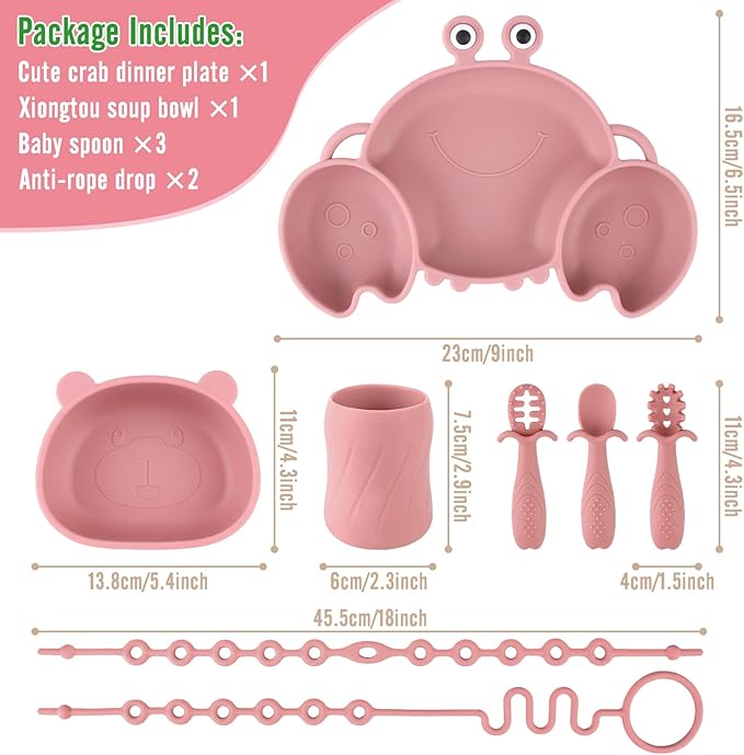 Silicone Baby Feeding Set, 8-Piece Baby Led Weaning Supplies Included Toddler Suction Plate, Bowl, Cup, 3 Spoons & 2 Safety Straps Keep Spoon, Fork & Bottle Off The Floor for Self-Feeding (Rose)