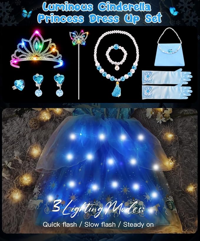 TOLOYE Princess Dress Up for Girls, Princess Costume for Girls Light Up with Accessories for Halloween Carnival Cospaly