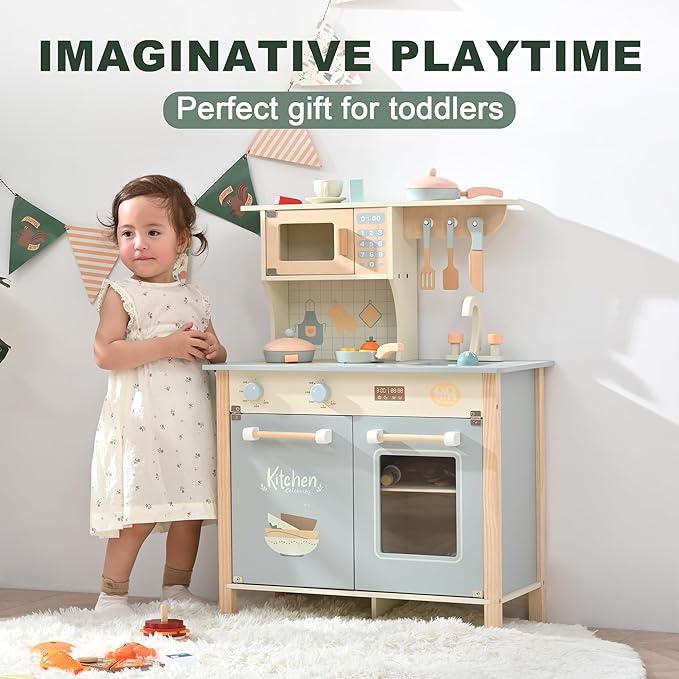 Play Kitchen for Toddlers, Kids Kitchen Playset Toy Kitchen Set, Toddler Kitchen Playset Wooden with with Faucet, Oven, Cookware Accessories