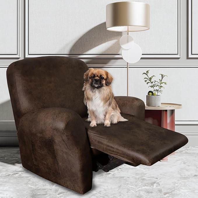 Leather Look Recliner Chair Covers Stay in Place 4-Piece Lazy Boy Recliner Slipcovers for Reclining Chair Furniture Protector Spandex Fabric Washable (X-Large, Dark Brown)