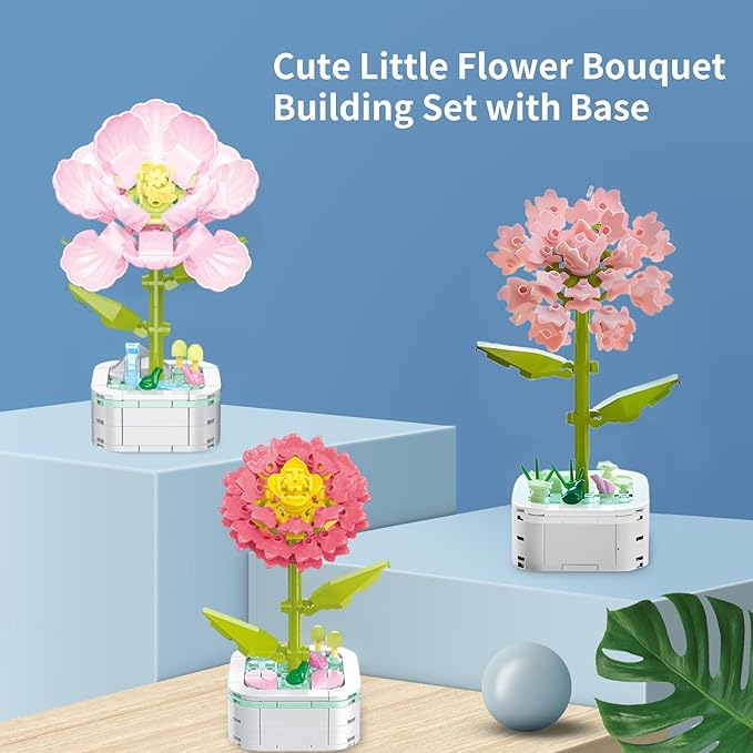 Flower Bouquet Building Set with Base, Flower Building Set Artificial Plant Flowers Building Blocks for Home Office Decor, Birthday Gifts, Desktop Trinkets Age 6+