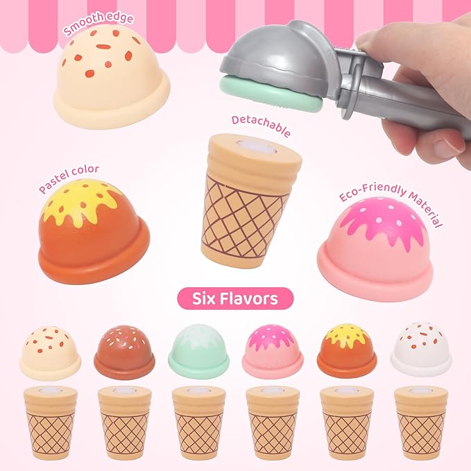 Wooden Ice Cream Toys for Toddlers 3-5 Kids Play Store Pretend Food Kitchen Accessories with Scoop & Menu & Toy Cash, Wooden Ice Cream Counter Shop Playset for 3 4 5 Year Old Birthday