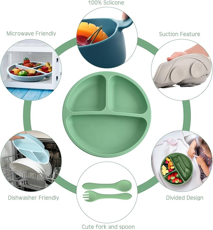 Dandat 24 Pcs Silicone Baby Feeding Set,6 Baby Toddler Suction Bowls 6 Divided Suction Plates with 6 Forks 6 Spoons, Utensils Set for Weaning Infant Feeding and Eating, 6 Styles(Vivid Color)