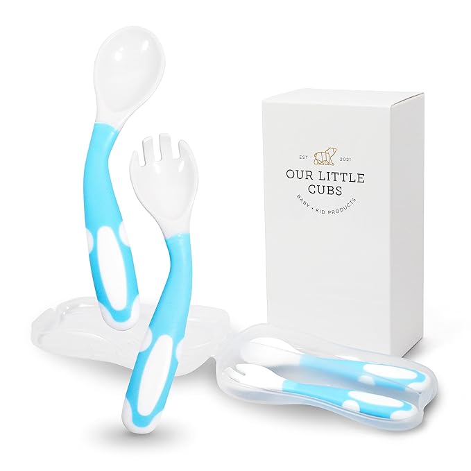 Bendable Baby and Toddler forks and spoons Utensils Silverware Set for Kids, 2 Sets (Blue/Blue) – Gum Friendly 2 Toddler Spoons and 2 Forks Self Feeding and Infant Baby Training and toddler silverware