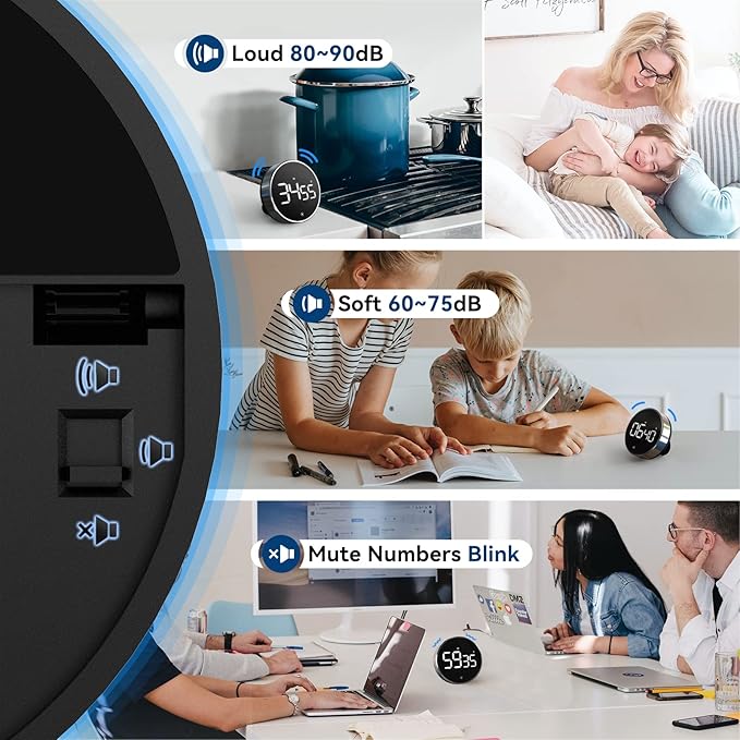 Digital Kitchen Timer, 3.8'' Large LED Display Countdown Countup Timer, Timer for Kids, Classroom Magnetic Timer, Adjustable Volume, Brightness, Easy for Cooking/Study/Office/Exercise (Smooth Knob)