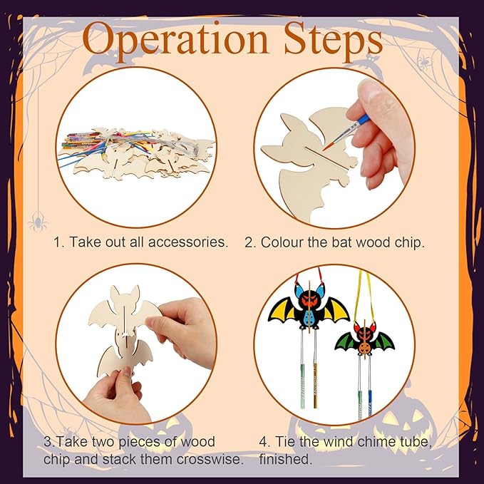 8 Pack Wind Chime Kit for Kids,Halloween Craft Kits Wooden 3D Bat Wind Chime Decorative Hanging Ornaments DIY Painting Craft for Boys Girls Halloween Activity Art Project