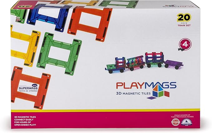 Playmags Magnetic Tiles Train Set, 20 Piece Accessory Set Includes 4 Trains, Stronger Magnets, Building Blocks Add-On, STEM Toys for Kids.