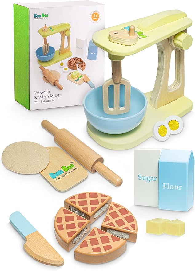 Bimi Boo 10-Piece Wooden Mixer Set for Toddlers - Make-a-Cake Pretend Play Cooking Set - Play Kitchen Accessories for Baking for Boys and Girls