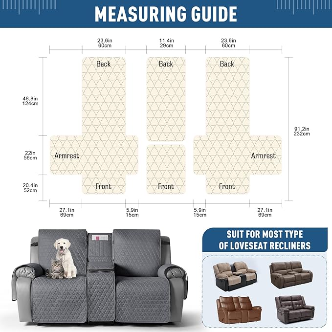 TAOCOCO 100% Waterproof Recliner Cover -Loveseat Recliner Cover with Center Console,Non-Slip Reclining Couch Covers for 2 Seat,with Elastic Straps Pocket for Kids, Dogs (Dark Gray, 2 Seater XL)