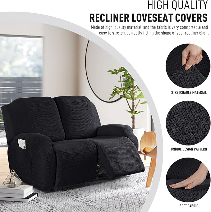 KinCam Recliner Covers, Stretch Reclining Chair Covers, Recliner Sofa Slipcovers Stripe Jacquard Recliner Couch Covers Furniture Protector Covers for Pet Kid (2 Seater, Black)