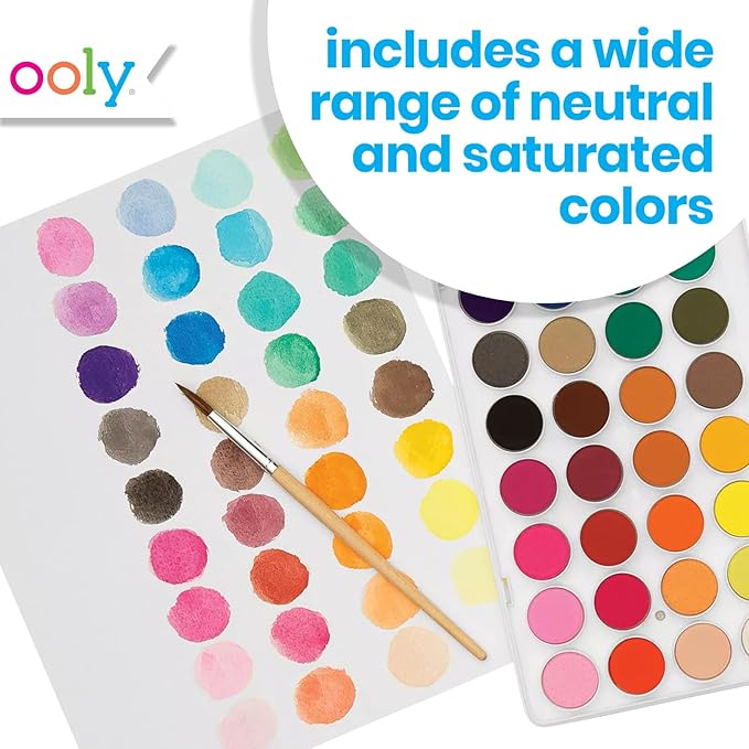Ooly Lil' Watercolor Washable Paint Pods Set with Brush, 36 colors & 1 Paintbrush, Washable Watercolors in a Portable Case, School and Art Supplies for All Ages, Bright & Vibrant Colors