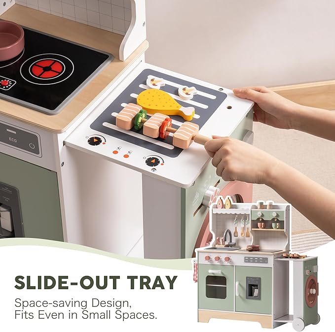 ROBUD Wooden Play Kitchen Set for Kids Toddlers, Pretend Kitchen Playset with BBQ Grill, Ice Maker, Coffee Machine, and Accessories, Toy Kitchen Gift with Lights & Sounds for Girls & Boys, Age 3+