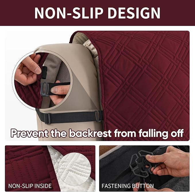 Easehomey 100% Waterproof Recliner Chair Covers, Non Slip Oversized Reclining Cover, Cover Furniture Protector Washable Chair Cover with Pocket,Elastic Straps for Kids,Pets,Dogs(Wine Red,28")
