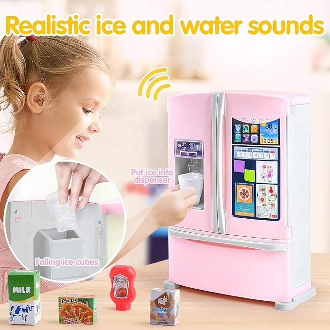 PLAY Kids Kitchen Refrigerator with Ice Dispenser, Pretend Play Fridge Kitchen Set for Toddlers, Toy Kitchen Appliance Accessories for Girl Boy Christmas Birthday Gift Age 1-3 4-8