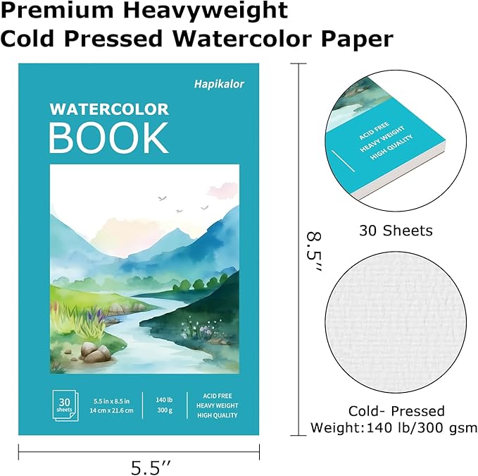 Hapikalor 5.5"x8.5"Watercolor Small Sketchbook for Kids, 30 Sheets (60 Pages) Spiral Bound, Water Color Paper, 140lb/300gsm Watercolor Paper, Watercolor Notebook, Watercolor Journal, Sketch Pad, Teal