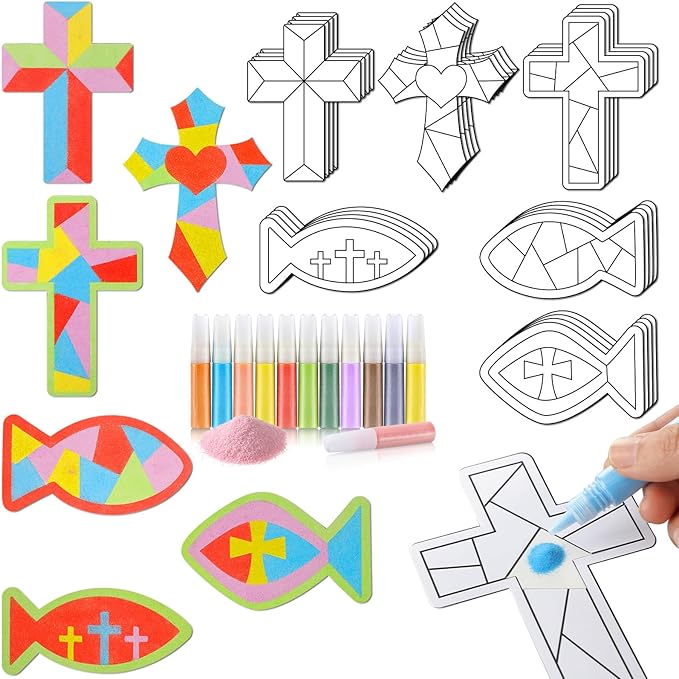 24 Sets Religious Sand Art Craft Kit for Kids Christian Crosses Fish Painting Kit with Colored Sand Brushes Create Your Own First Communion Sand Art for Sunday School Fun Home Activities