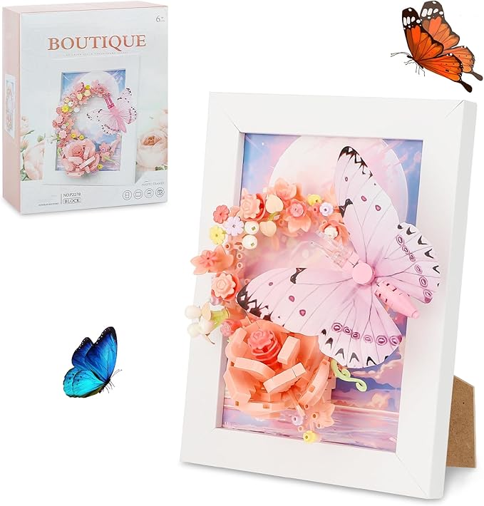 QLT QIAOLETONG Butterfly Insects Flowers Photo Frame Micro Mini Bricks Building Set, Botanical Collection Wall Art Home Office Decor, Ideas Gift Building Toy for Boys Girls Adults（P2278）