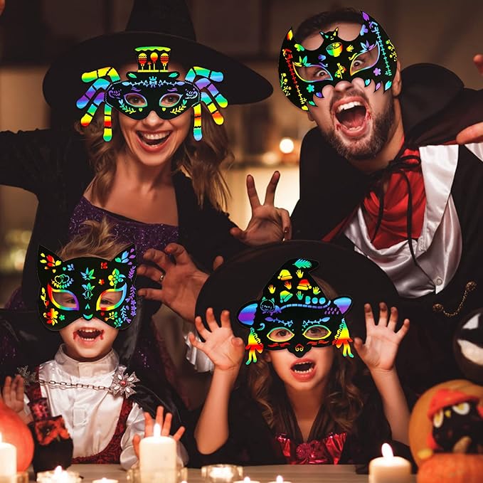 MGparty Halloween Crafts 24PCS Halloween Rainbow Scratch Mask Magic Scratch Paper Art for Kids Birthday Classroom Decoration for Halloween Party Favors Gifts Party Games Projects Kits
