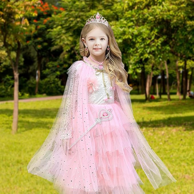 Princess Cape Set Dress Up Accessories Party Cosplay Cloak Costumes with Tiara Crown Wand Wig Golves for Little Girls