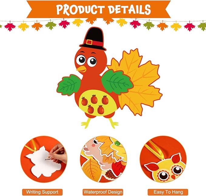 Fall Craft Kits for Kids Cute Animals Turkey Autumn Owl Crafts DIY Maple Leaves Thanksgiving Crafts Bulk for Fall Theme Party Home Classroom Game Activities Party Favors (48 Sets)