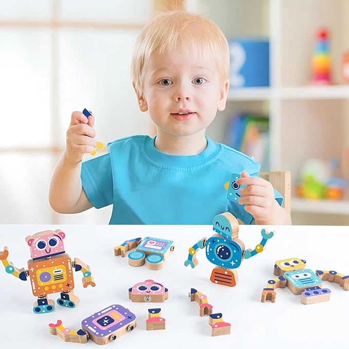 Wooden Snap-Together Building Toys, Robot Building Kit for Kids,STEM Building Blocks,Take Apart Playset 28pcs, Fine Motor Skill Montessori Educational Learning Toys Gift for 3 4 5 6 Years Kids