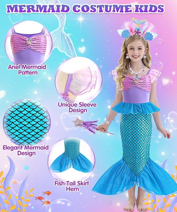 Mermaid Costume Dress, Mermaid Princess Dress for Girls with Wig Headband Necklace for Birthday Party Cosplay