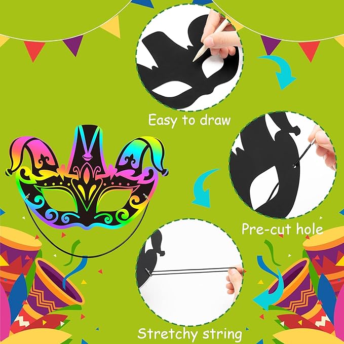 WATINC 24pcs Mardi Gras Scratch Masks for Kids, Carnival Prom Art Craft Kit, Masquerade Party DIY Magic Color Paper Mask, Costumes Dress Up Scratch Off Cards Supplies