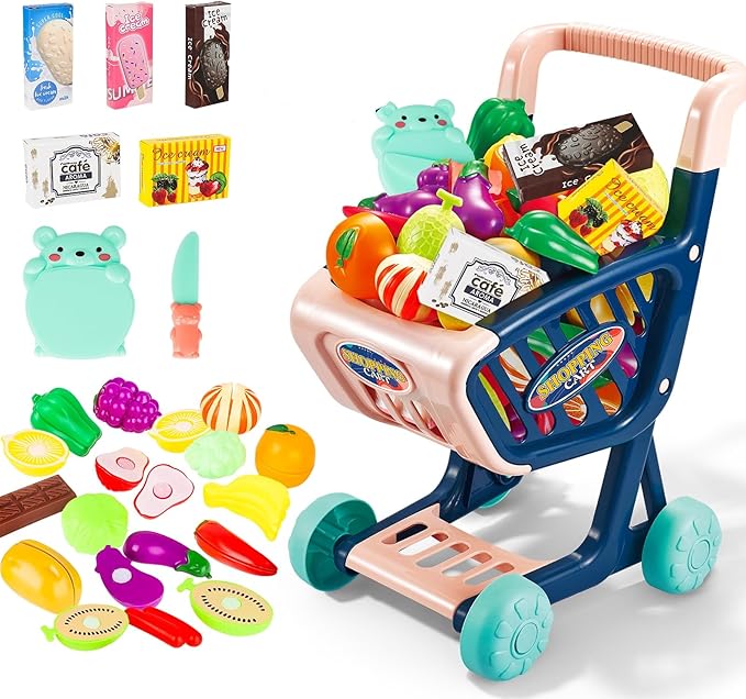 deAO Toddlers Shopping Cart Trolley Set Kids Pretend Grocery Cart Play Toy with Pretend Play Food Shopping Day Realistic Kitchen Accessories for Kids Girls Boys