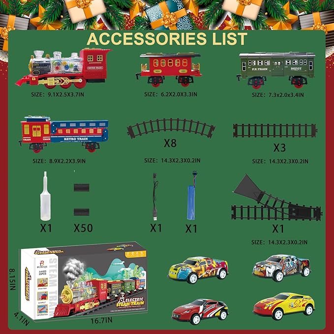 Electric Train Set Christmas Train Toys for Boys with Smokes, Lights and Sound (ON/Off) Rechargeable Train Set Under Christmas Tree, Toddler Model Trains for 3 4 5 6 7 8+ Years Old Kids Gifts