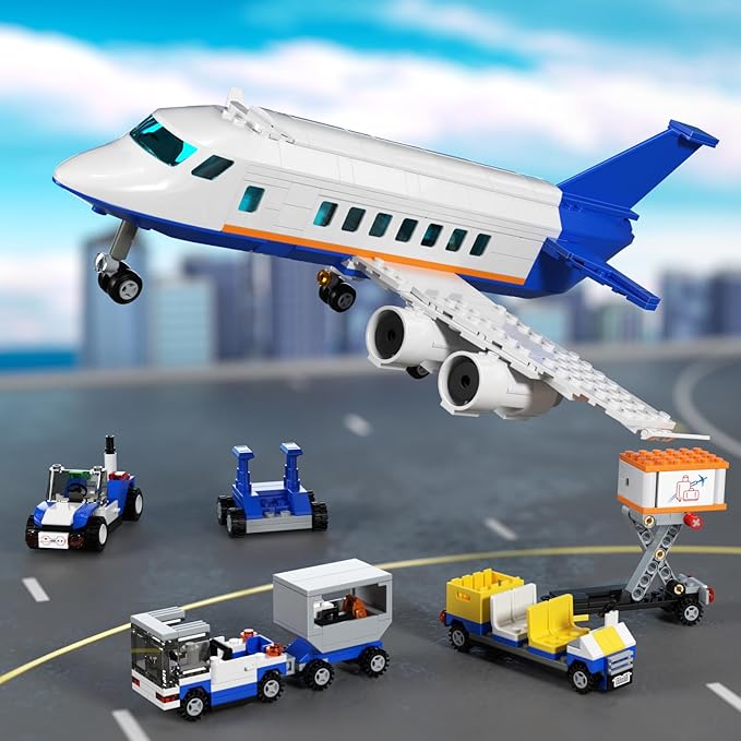 City Passenger Airplane Building Set, Compatible with Lego Plane Blocks Toy, with Plane Trailer, Luggage Truck, Fun Airport Idea Gift for Boy and Girl Ages 6 7 8 Aircraft STEM Toy