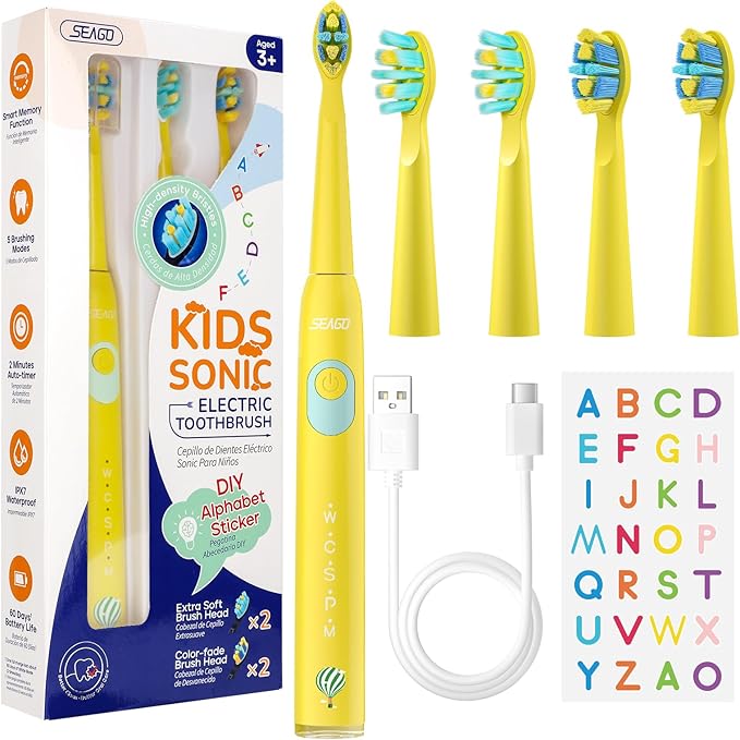 SEAGO Kids Electric Toothbrush, Sonic Soft Bristle Rechargeable Toothbrushes with DIY Stickers, 5 Modes, Includes 4 Replacement Brush Heads, Ages 3 to 12 Years Old (Yellow)
