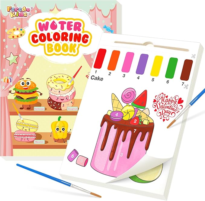 Water Coloring Books for Toddlers - Easter Basket Stuffers Watercolor Paint Book Drawing Art Paper for Kids Mess Free Craft Supplies kit Toy for Age 3 4 5 6 Valentines Birthday Gift(Food）