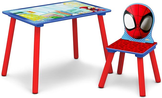 Delta Children - Marvel Spidey and His Amazing Friends 4-Piece Toddler Room-in-a-Box Set – Includes Sleep and Play Toddler Bed, Table, 1 Chair and Fabric Toy Box, Blue/Red